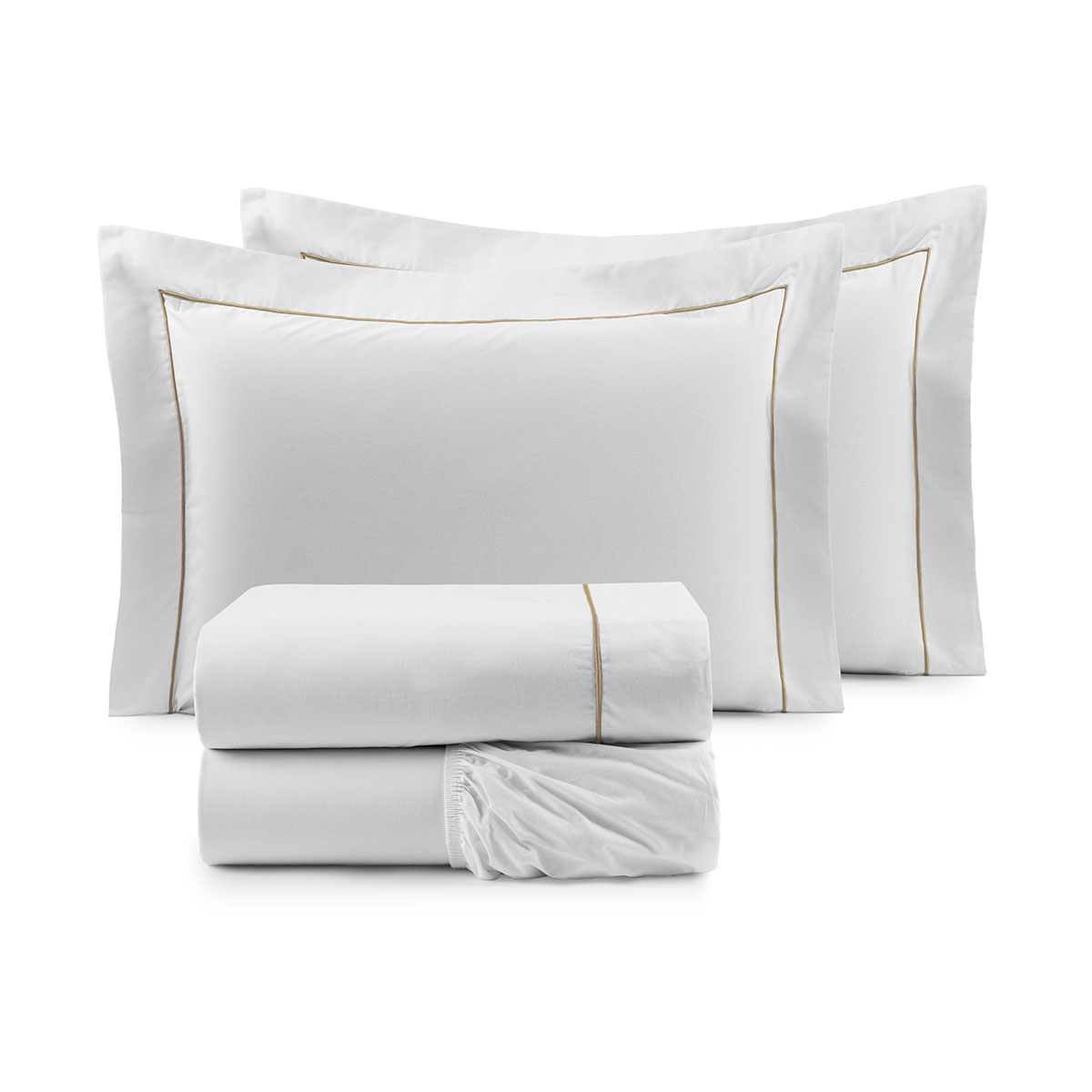 Jogo Lençol 200 Fios 100% Algodão Branco Clássico King Size com Detalhe em Dourado