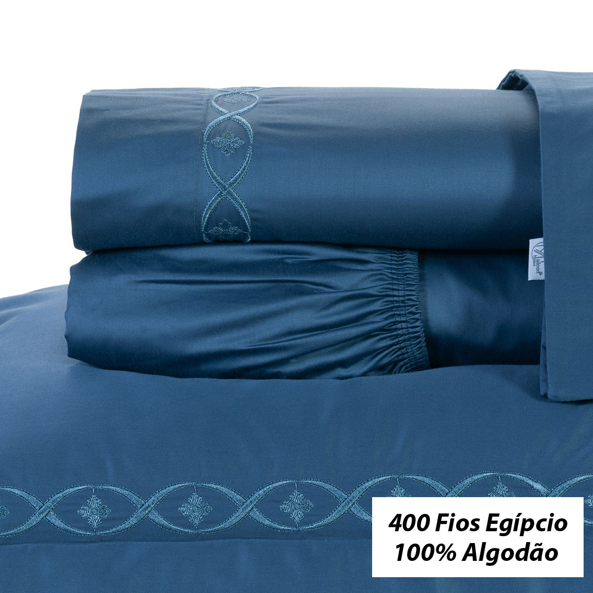 Jogo Lençol King Bordado 100% Algodão 400 Fios Egípcio Azul 4 Peças