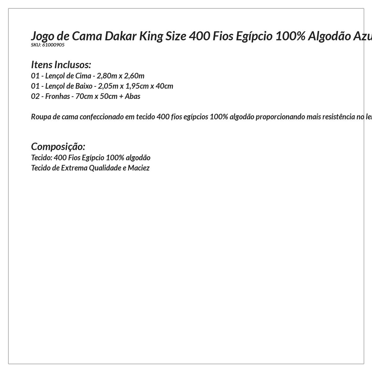 Jogo Lençol King Bordado 100% Algodão 400 Fios Egípcio Azul 4 Peças
