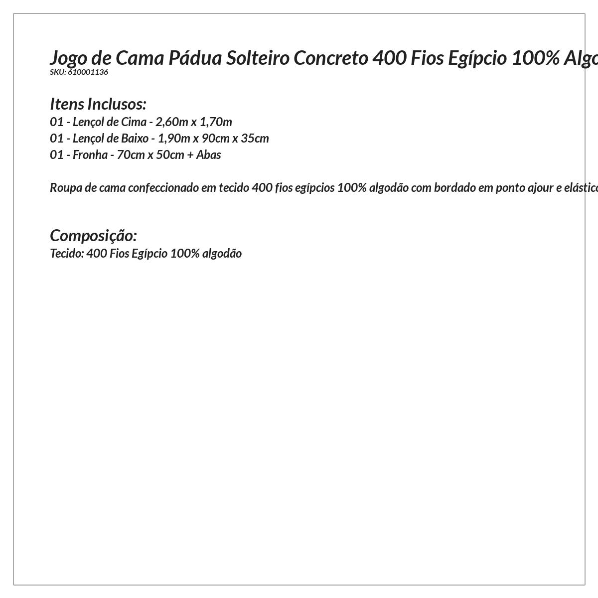 Jogo Lençol Solteiro 400 Fios Egípcio Cinza 100% Algodão 3 Peças