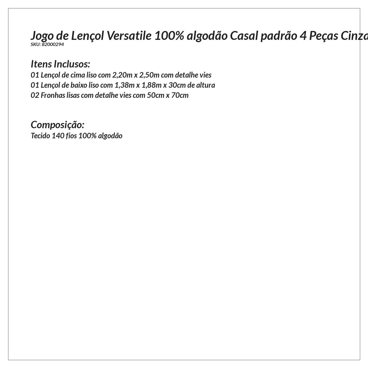 Jogo de Cama 100% Algodão Branco com Detalhes Cinza 4 Peças Tamanho Casal Padrão