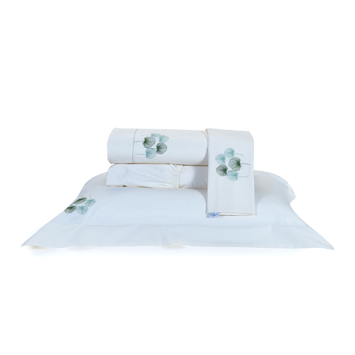 Jogo de Cama Bordado Queen Size Palha / Verde Micro Percal Peletizado 200 Fios 4 Peças