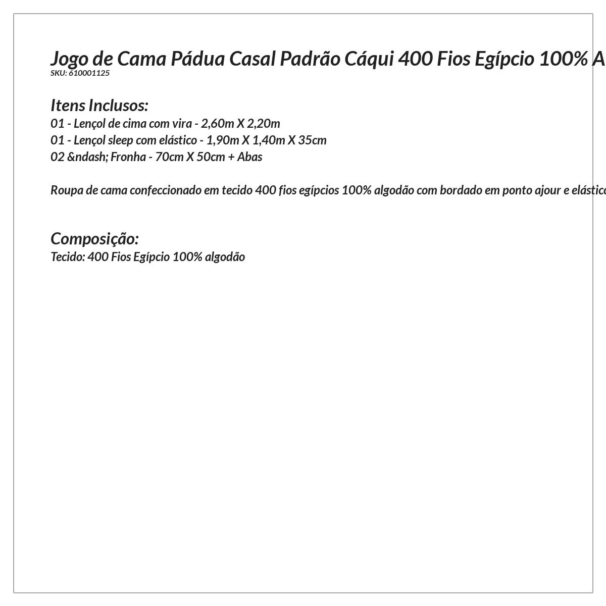 Jogo de Cama Casal Padrão Cáqui 400 Fios Egípcio 100% Algodão 4 Peças