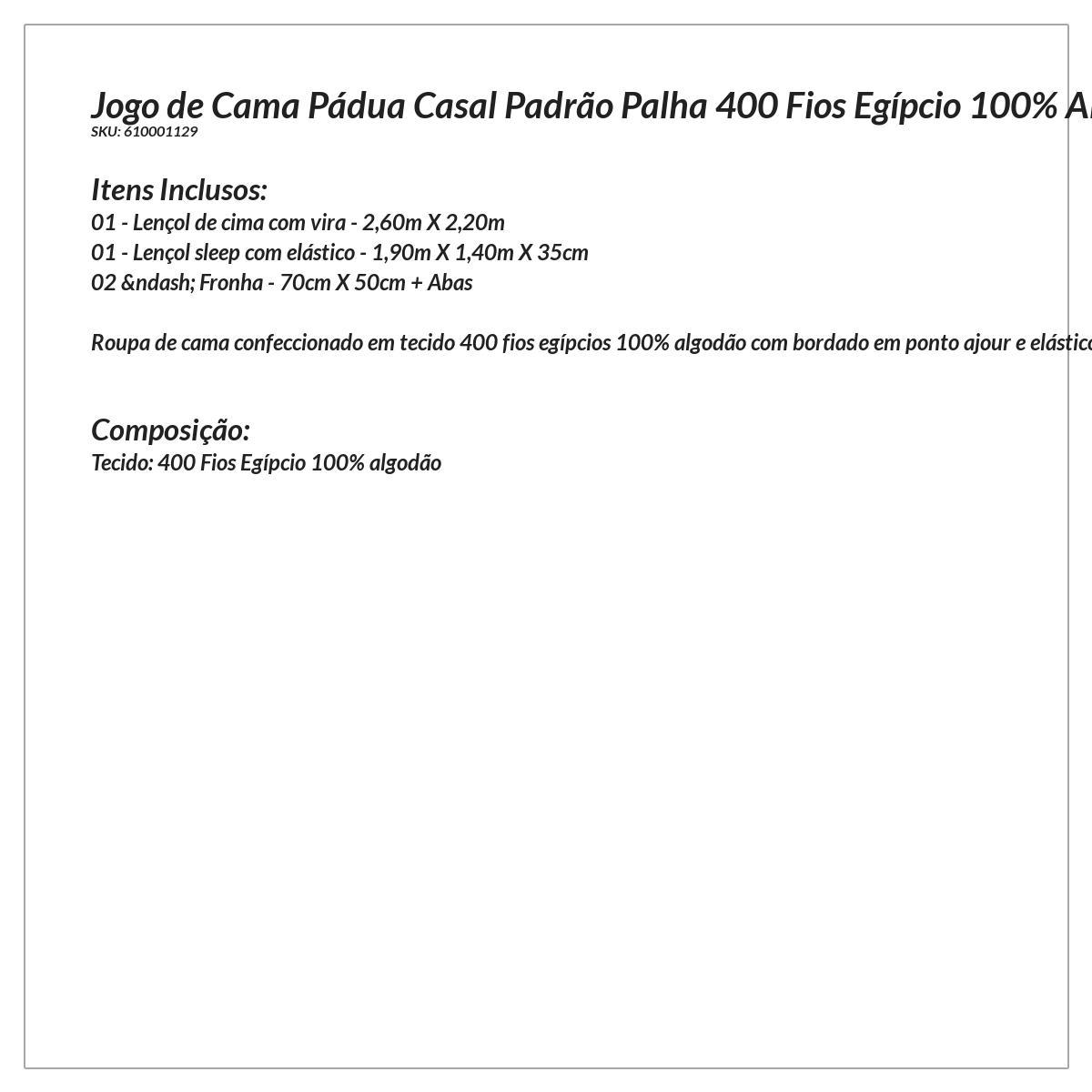 Jogo de Cama Casal Padrão Palha 400 Fios Egípcio 100% Algodão 4 Peças
