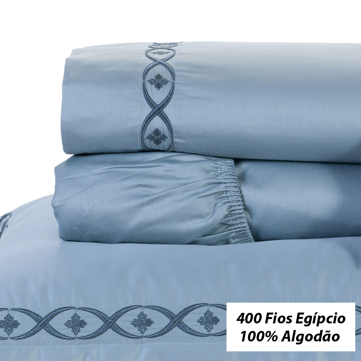 Jogo de Cama Cinza King Bordado 100% Algodão 400 Fios Egípcio 4 Peças