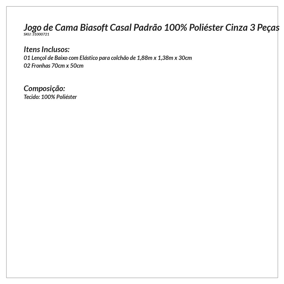 Jogo de Cama Cinza Liso Clássico 3 Peças Casal Padrão com 2 fronhas