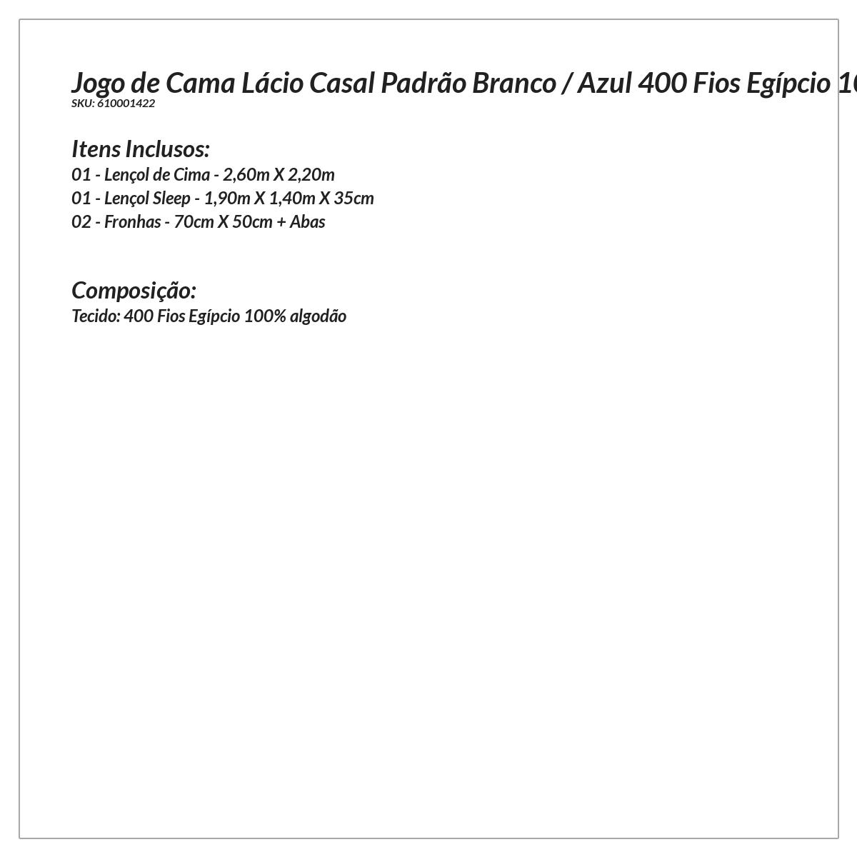 Jogo de Cama Clássico Casal Padrão Branco / Azul 400 Fios Egípcio 100% Algodão 4 Peças