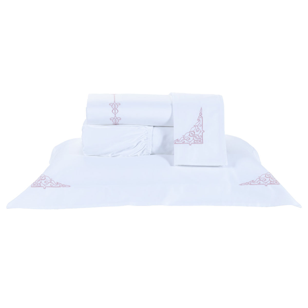 Jogo de Cama Clássico Queen Size Branco / Rosa 400 Fios Egípcio 100% Algodão 4 Peças