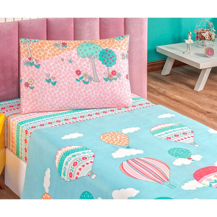 Jogo de Cama Infantil Menina Estampado Balão 3 Peças Tecido