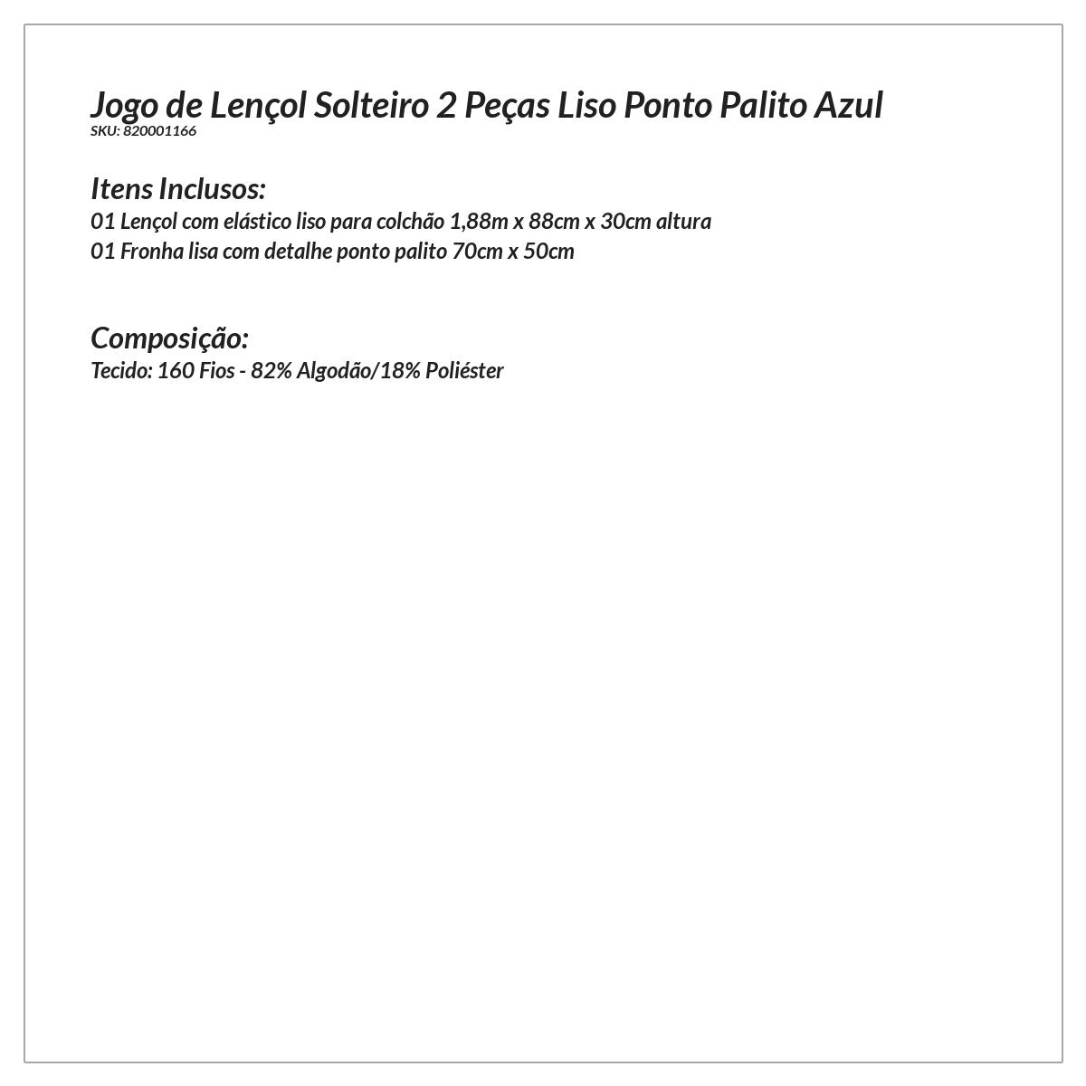 Jogo de Cama Ponto Palito Azul Solteiro 2 Peças Liso 160 Fios