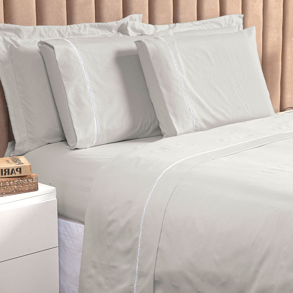Jogo de Cama Ponto Palito Cinza Queen Size 3 Peças Liso 160 Fios
