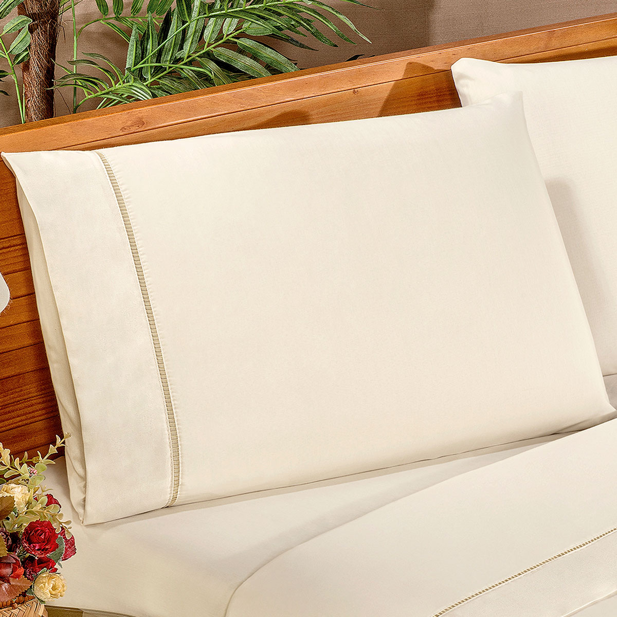 Jogo de Cama Ponto Palito Queen Size Palha 4 Peças 2,60m x 2,40m