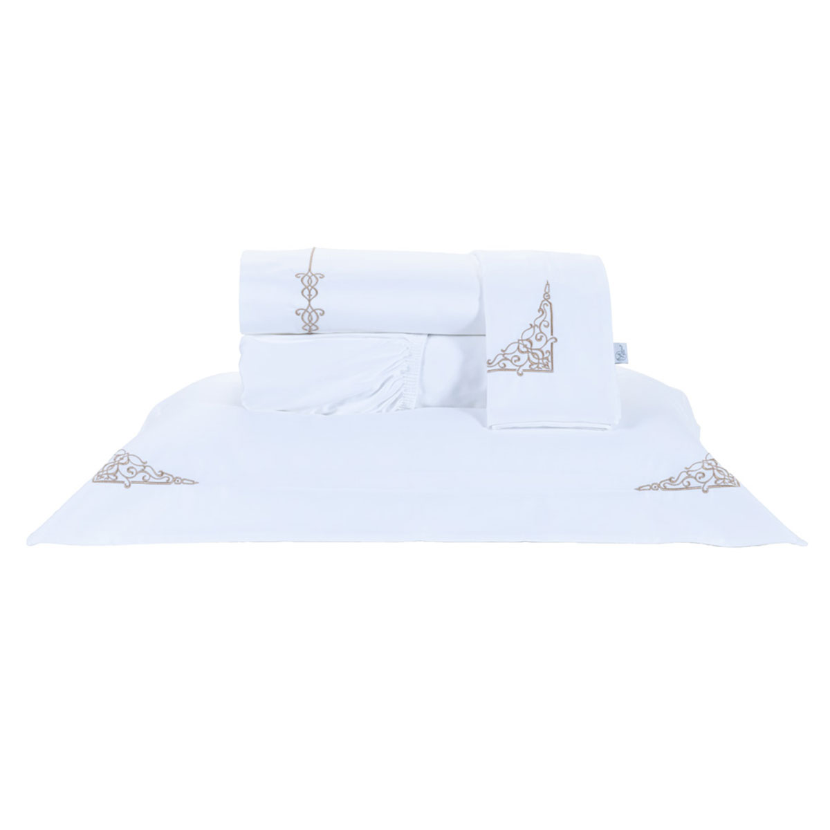 Jogo de Cama Premium Queen Size Branco / Dourado 400 Fios Egípcio 100% Algodão 4 Peças