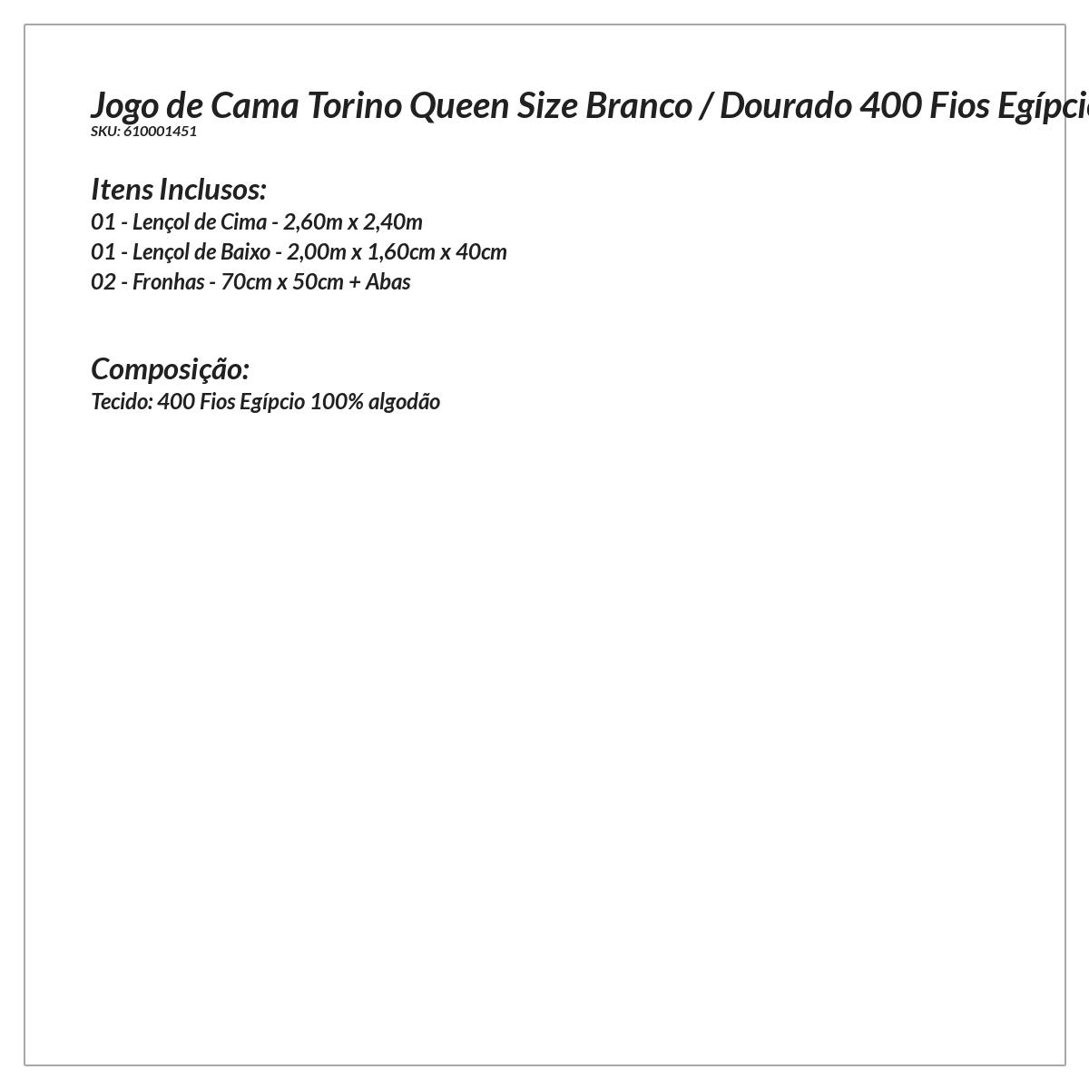 Jogo de Cama Premium Queen Size Branco / Dourado 400 Fios Egípcio 100% Algodão 4 Peças