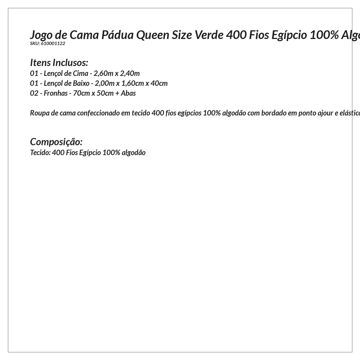 Jogo de Cama Queen Size Verde 400 Fios Egípcio 100% Algodão 4 Peças