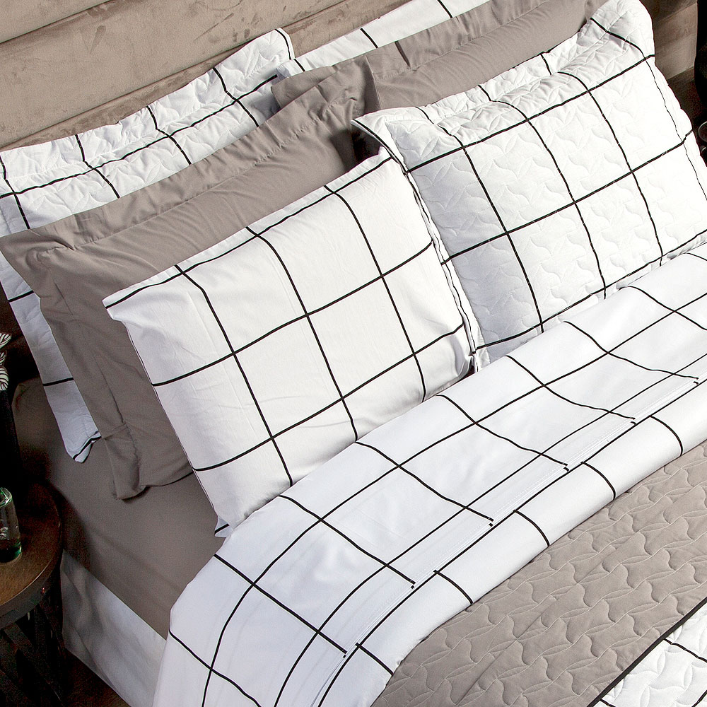 Jogo de Cama Solteiro Estampado Grid Branco 3 Peças 100% Algodão 200 Fios