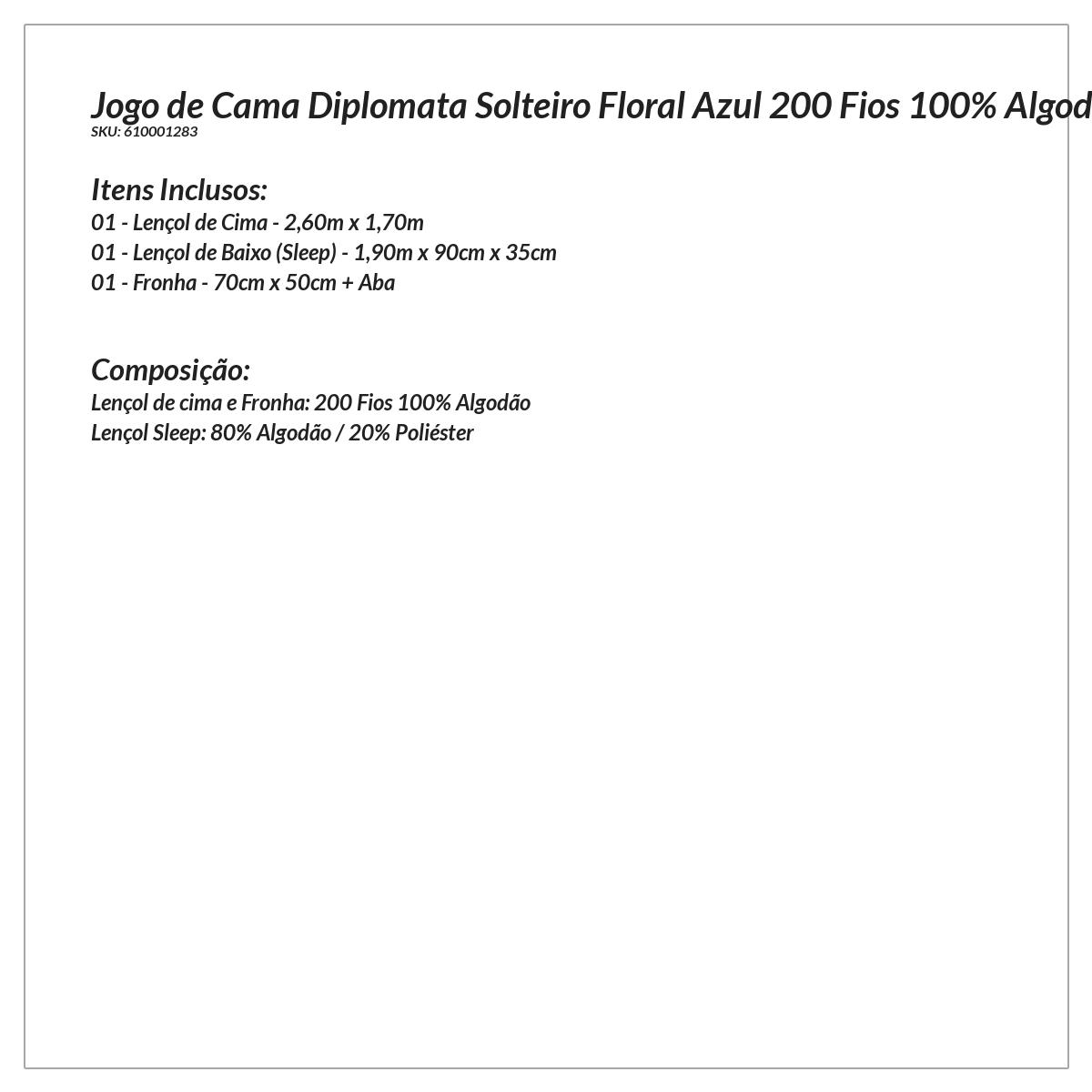Jogo de Cama para Solteiro Floral Azul 200 Fios 100% Algodão 3 Peças