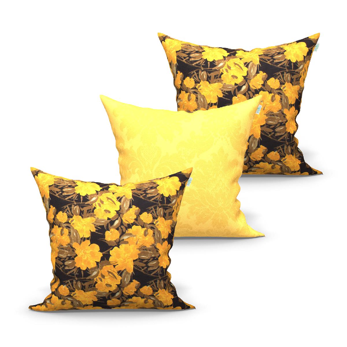 Jogo de Capa de Almofada Grande Decorativa Amarela Floral e Lisa 60cm x 60cm 3 Unidades com zíper