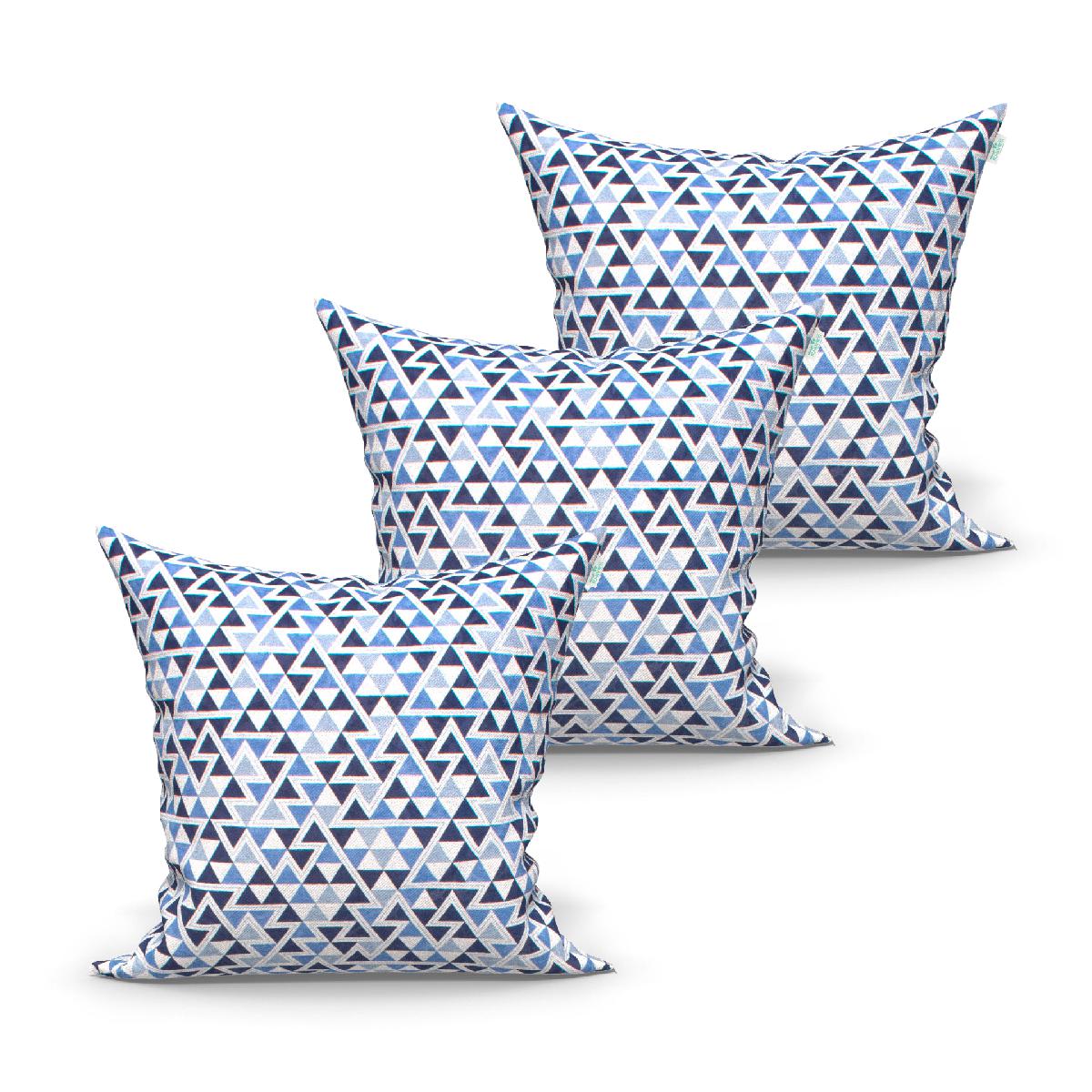 Jogo de Capa de Almofada Grande Decorativa Azul Geométrica 60cm x 60cm 3 Unidades com zíper