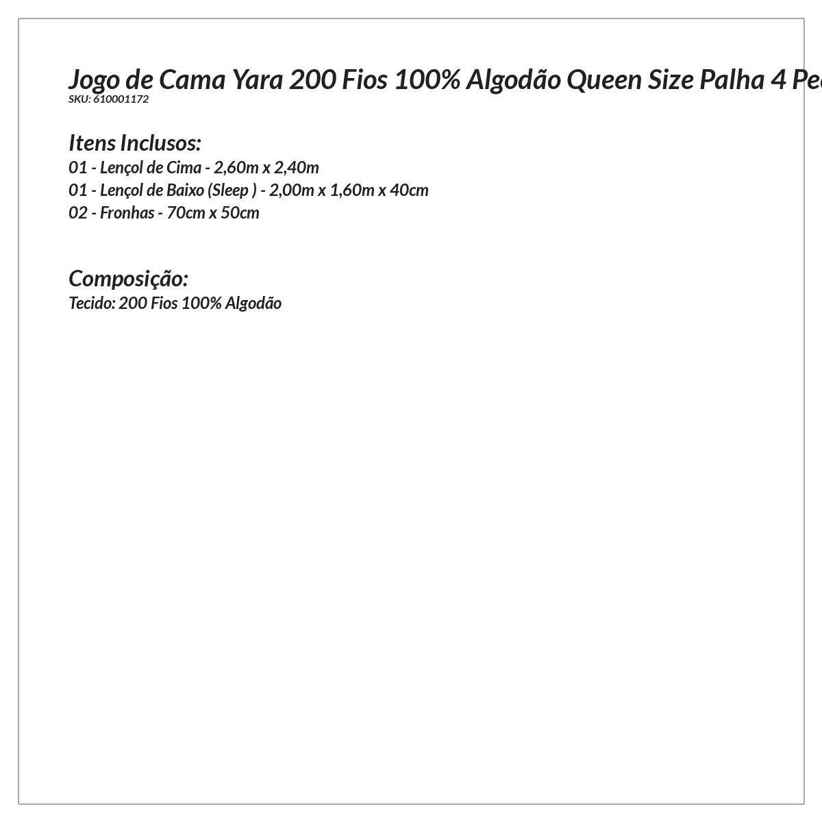 Jogo de Lençol Bordado 200 Fios 100% Algodão Queen Size Palha 4 Peças