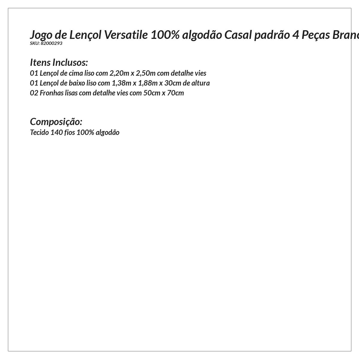 Jogo de Lençol Casal 100% Algodão Branco 4 Peças
