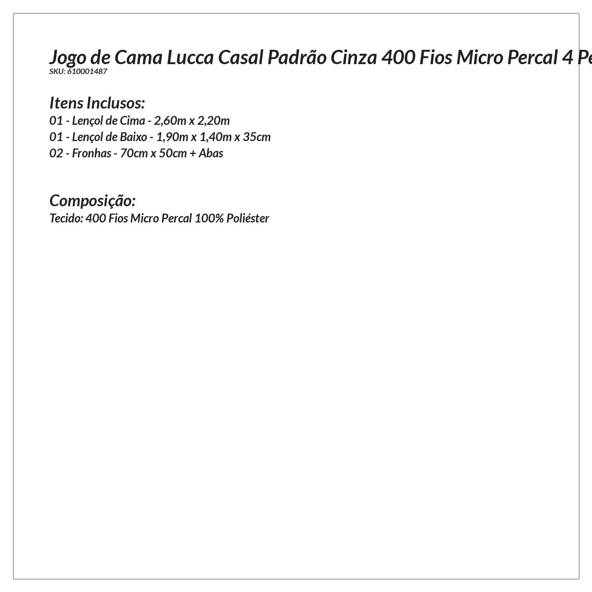 Jogo de Lençol Casal Padrão Cinza 400 Fios Micro Percal 4 Peças 2,60m x 2,20m