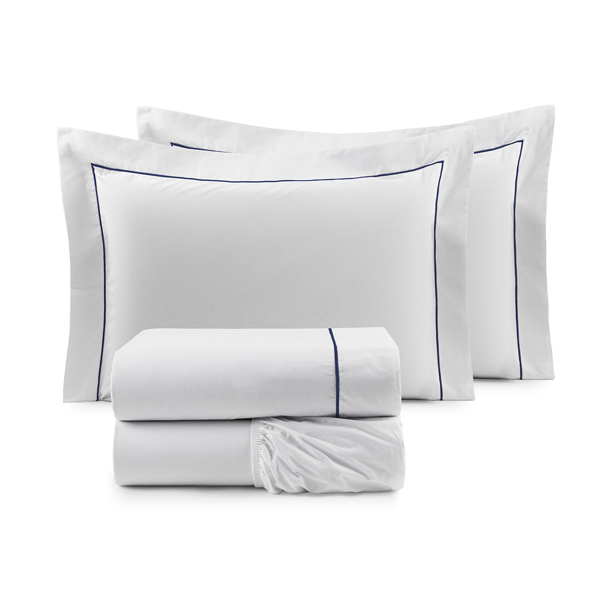 Jogo de Lençol King Size 200 Fios 100% Algodão Branco com Detalhe em Marinho