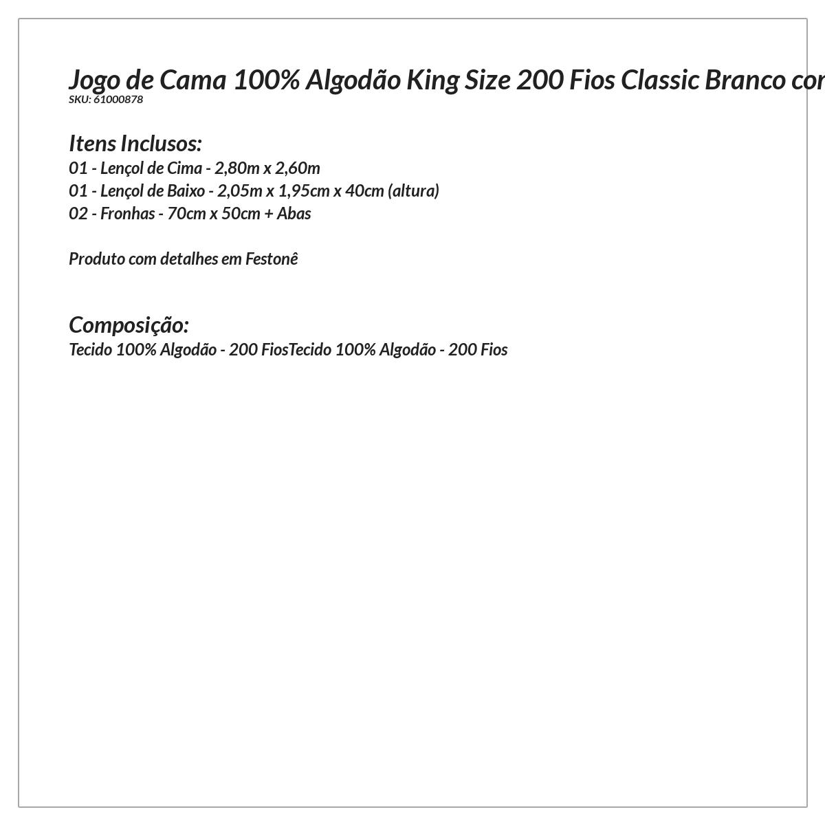 Jogo de Lençol King Size 200 Fios 100% Algodão Branco com Detalhe em Vermelho