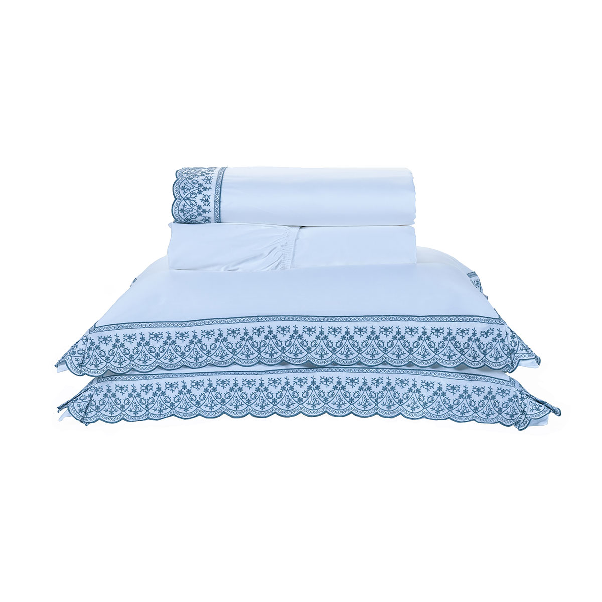 Jogo de Lençol Queen Size Branco / Azul 400 Fios Egípcio 100% Algodão 4 Peças 2,60m x 2,40m
