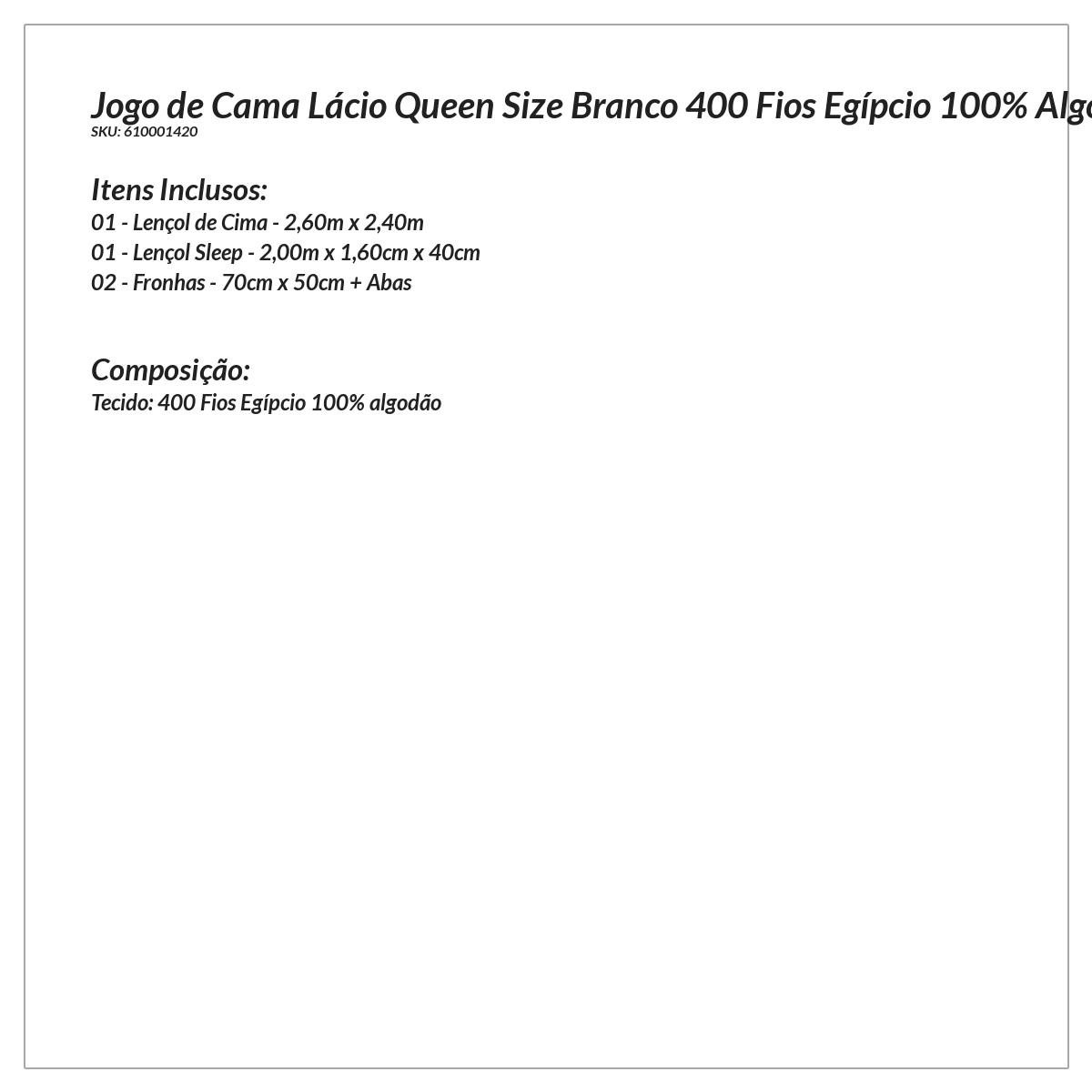 Jogo de Lençol Queen Size Branco 400 Fios Egípcio 100% Algodão 4 Peças 2,60m x 2,40m
