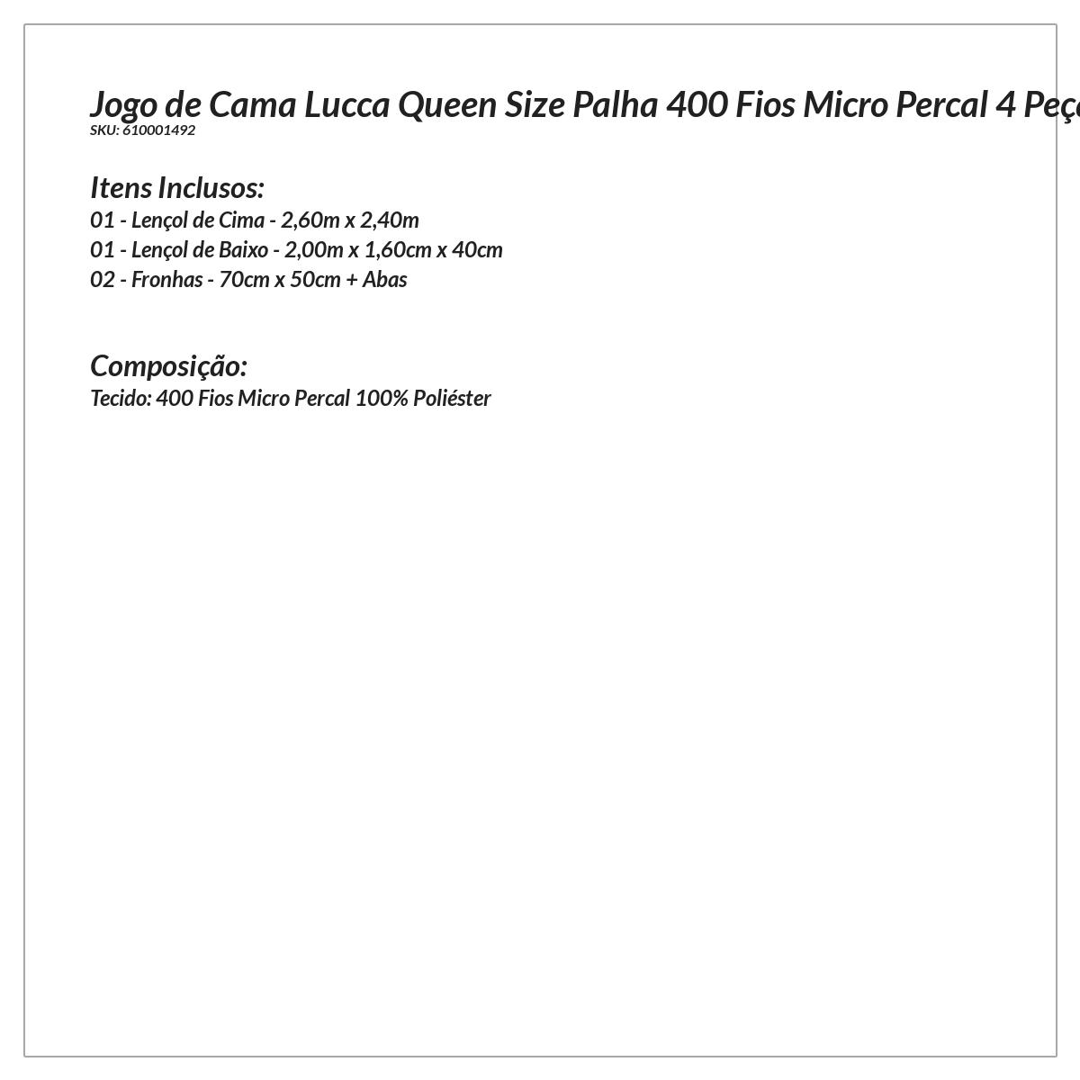 Jogo de Lençol Queen Size Palha 400 Fios Micro Percal 4 Peças 2,60m x 2,40m