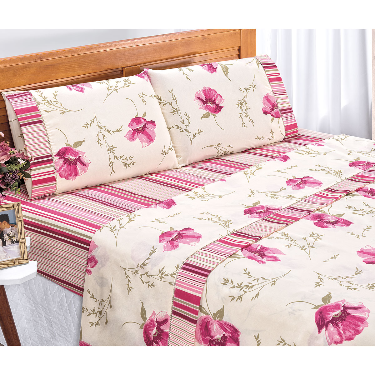 Jogo de Lençol Queen Size Requinte Percal 180 Fios Rosê Floral 4 Peças 2,50m x 2,40m