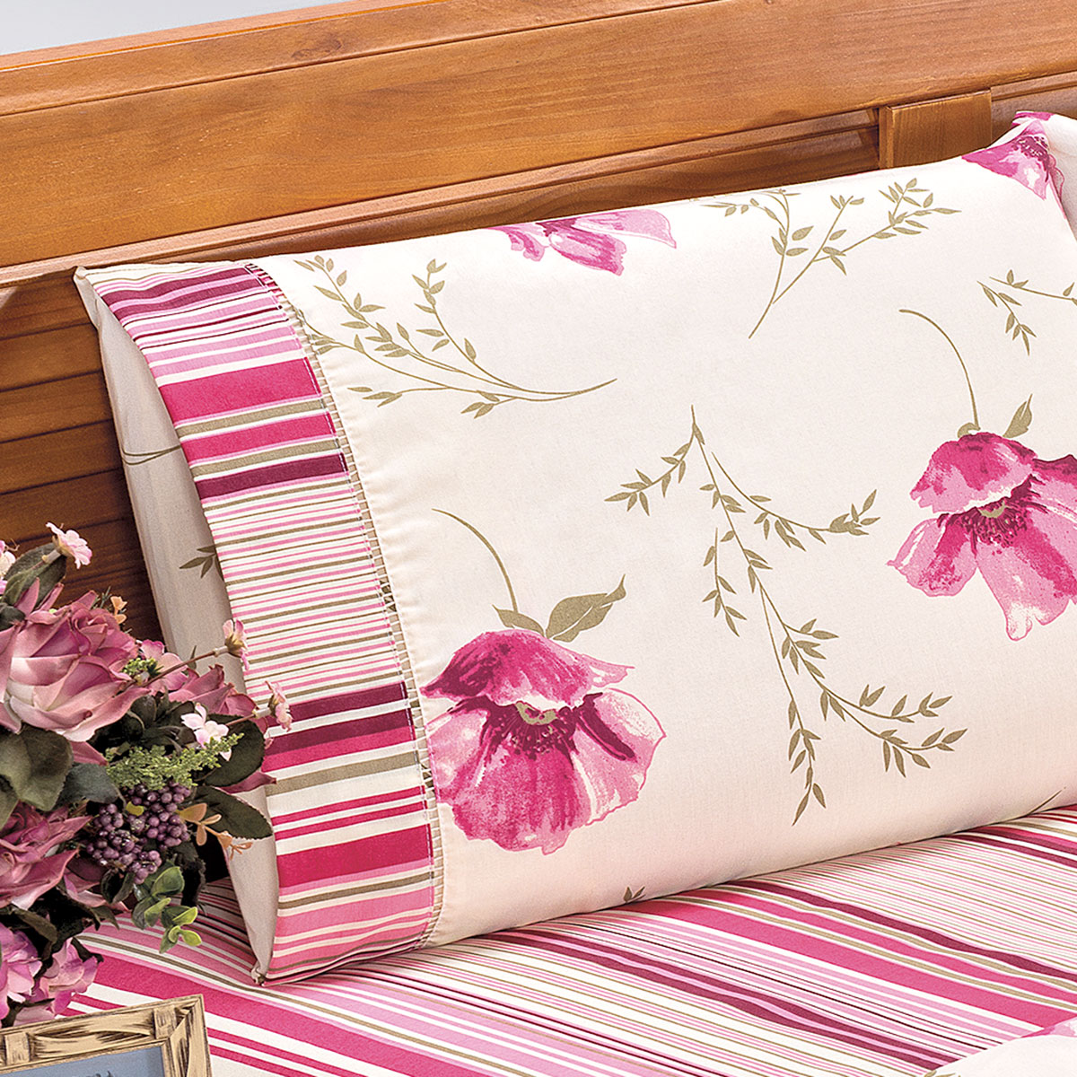Jogo de Lençol Queen Size Requinte Percal 180 Fios Rosê Floral 4 Peças 2,50m x 2,40m