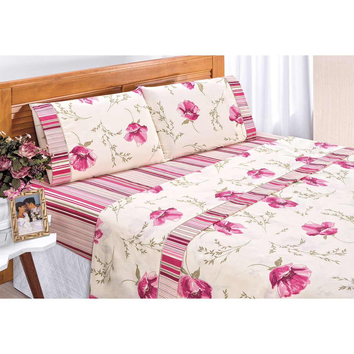 Jogo de Lençol Queen Size Requinte Percal 180 Fios Rosê Floral 4 Peças 2,50m x 2,40m