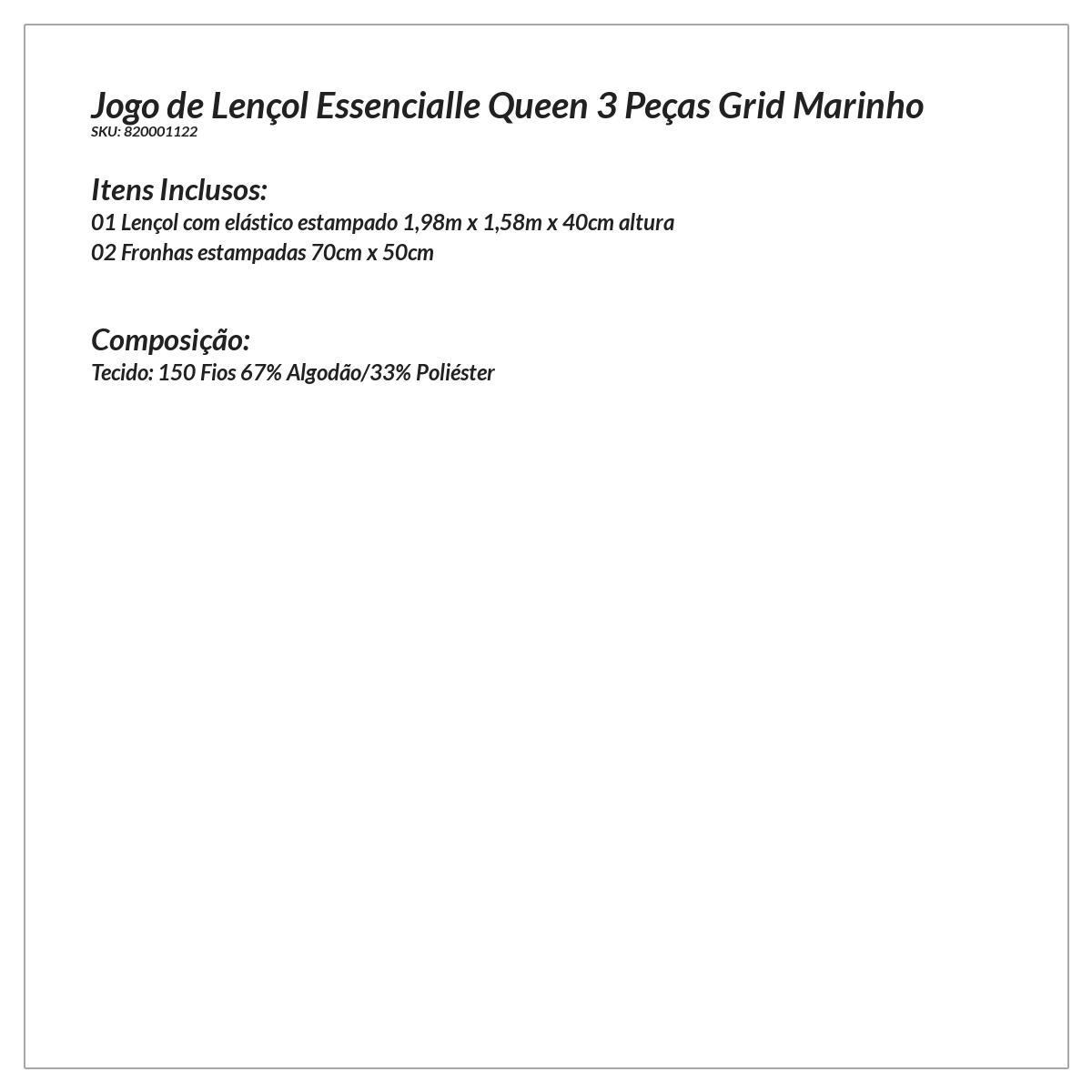 Jogo de Lençol Tamanho Queen Estampado Grid Marinho 3 Peças com 2 Fronhas