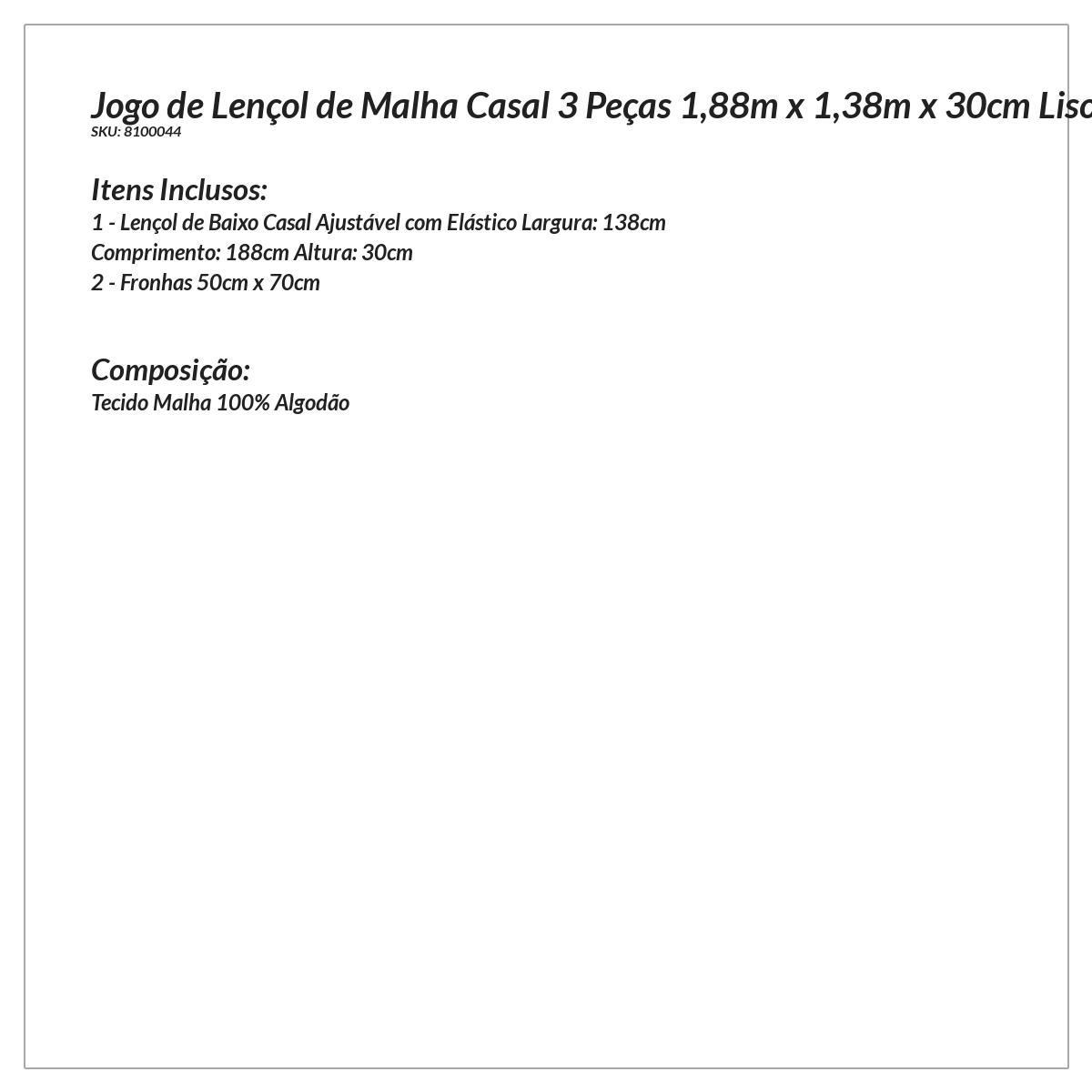 Jogo de Lençol de Malha Azul Casal 3 Peças 1,88m x 1,38m x 30cm Liso