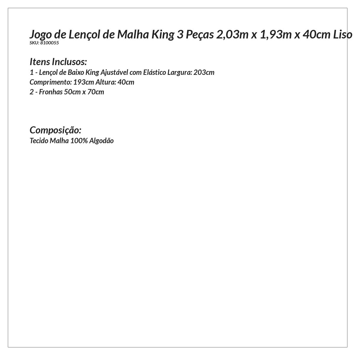 Jogo de Lençol de Malha Branco King 3 Peças 2,03m x 1,93m x 40cm Liso