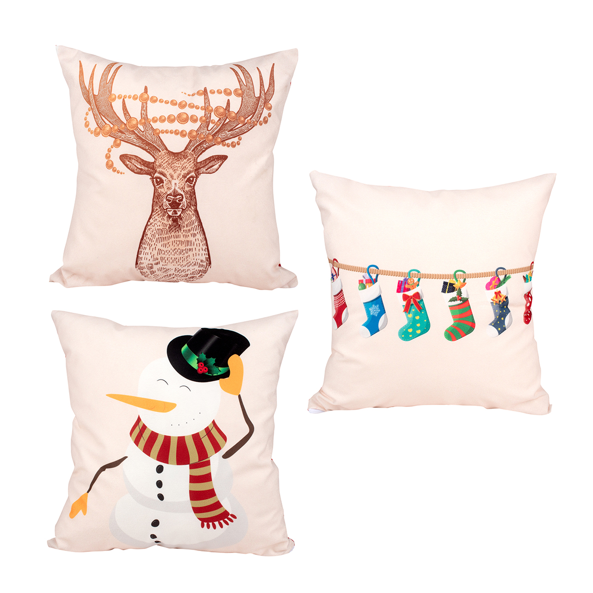 Kit Almofada Estampada de Natal Decorativa Tecido Suede 3 Unidades 40cm x 40cm com Refil
