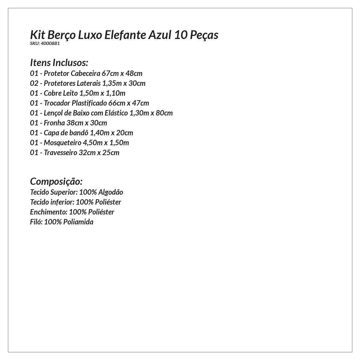 Kit Berço Padrão Americano Elefante Azul 10 Peças