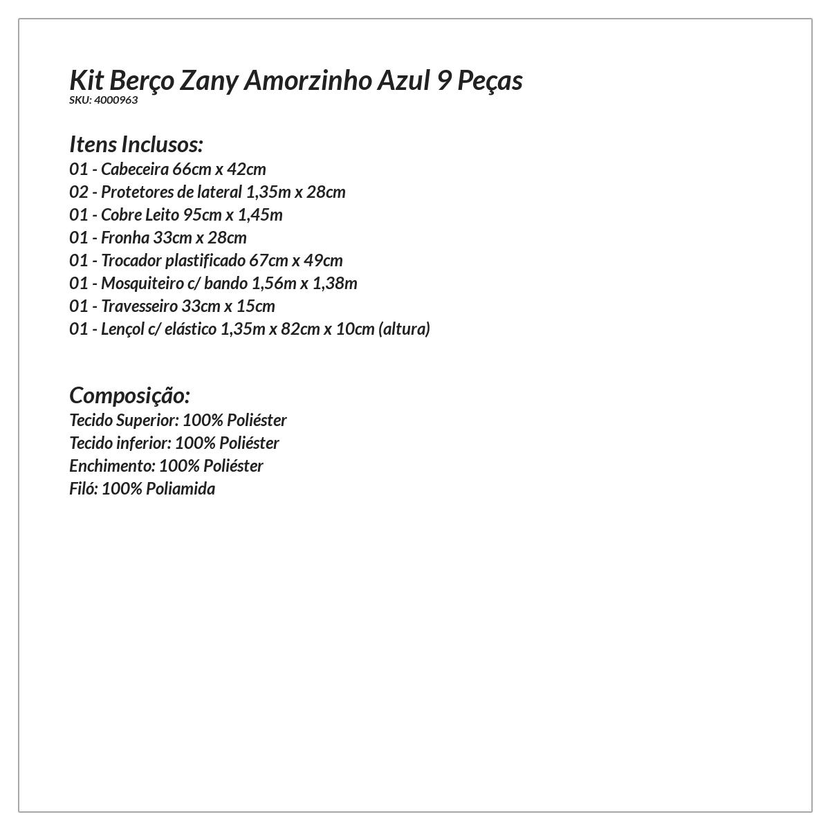 Kit Berço Zany Amorzinho Azul 9 Peças Padrão Americano Azul