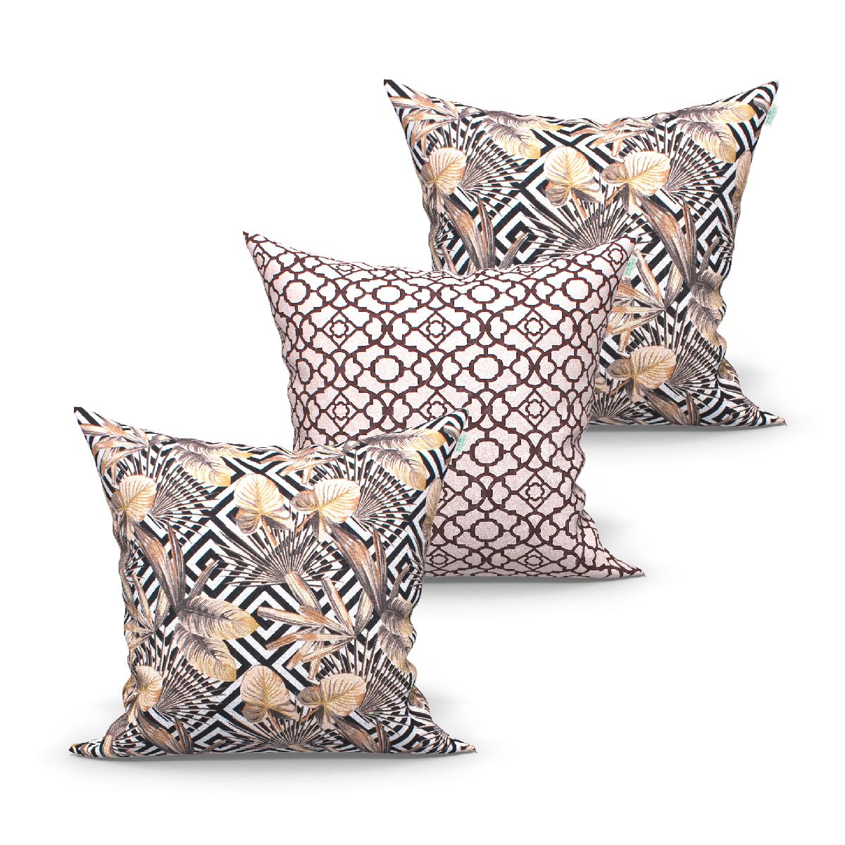 Kit Capa de Almofada Grande Decorativa Marrom Estampada 60cm x 60cm 3 Unidades com zíper para Área Externa/Sala