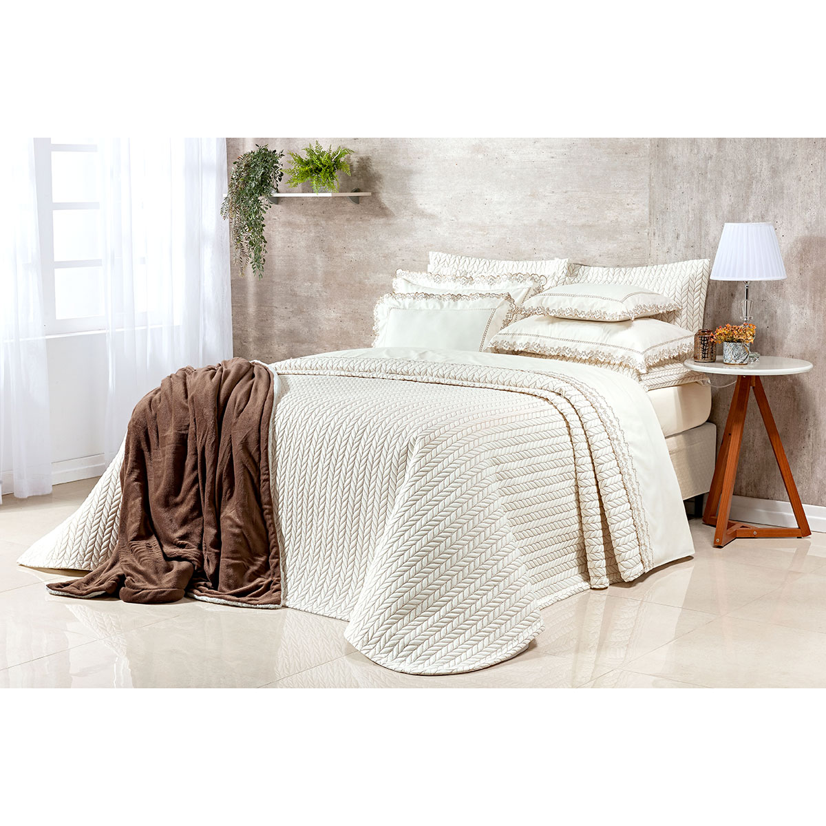 Kit Cobre Leito 200 Fios 100% Algodão Queen Size Palha 3 Peças 2,60m x 2,40m