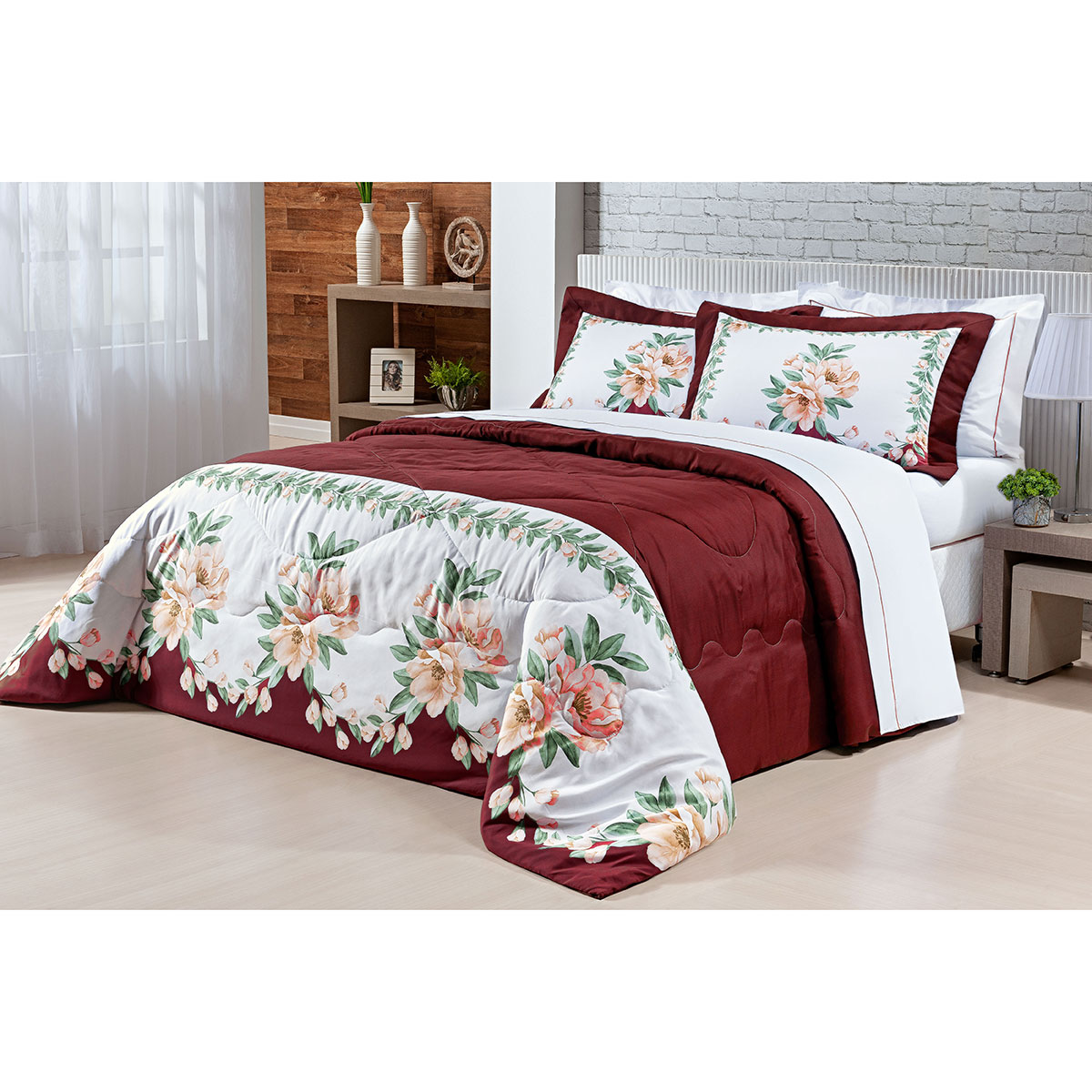 Kit Cobre Leito Casal Estampado Floral Vinho 200 Fios + Jogo de Cama 100% Algodão - 7 Peças