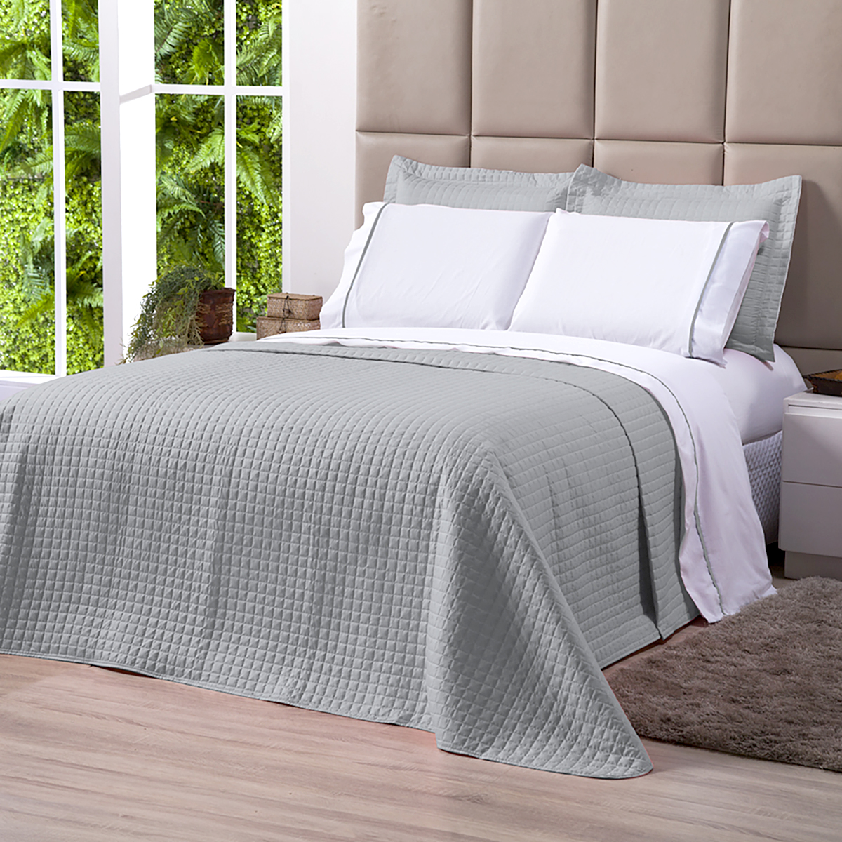 Kit Cobre Leito Cinza Dupla Face Queen Size + Jogo de Cama 100% Algodão - 7 Peças