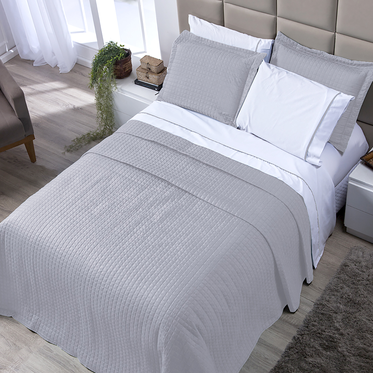 Kit Cobre Leito Cinza Dupla Face Queen Size + Jogo de Cama 100% Algodão - 7 Peças