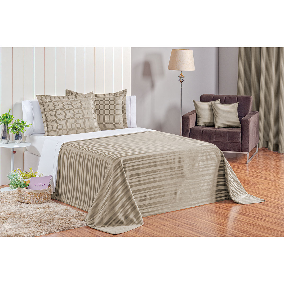 Kit Cobre Leito Elegance King 3 Peças Areia com 2 Porta Travesseiros
