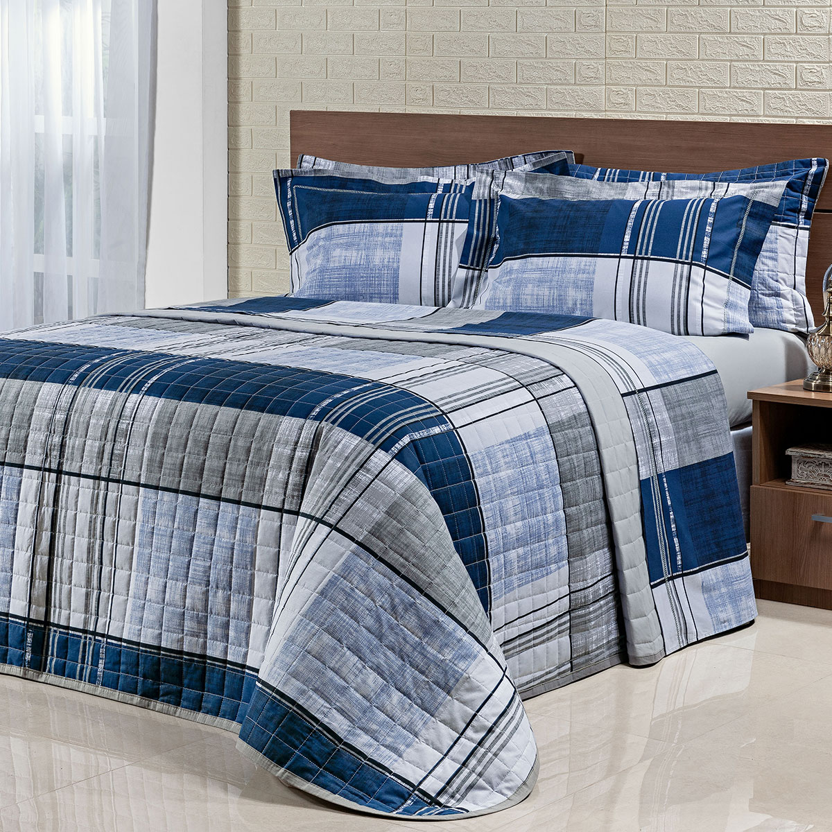 Kit Cobre Leito Estampado King Geométrico 200 Fios 100% Algodão + Jogo de Cama - 7 Peças