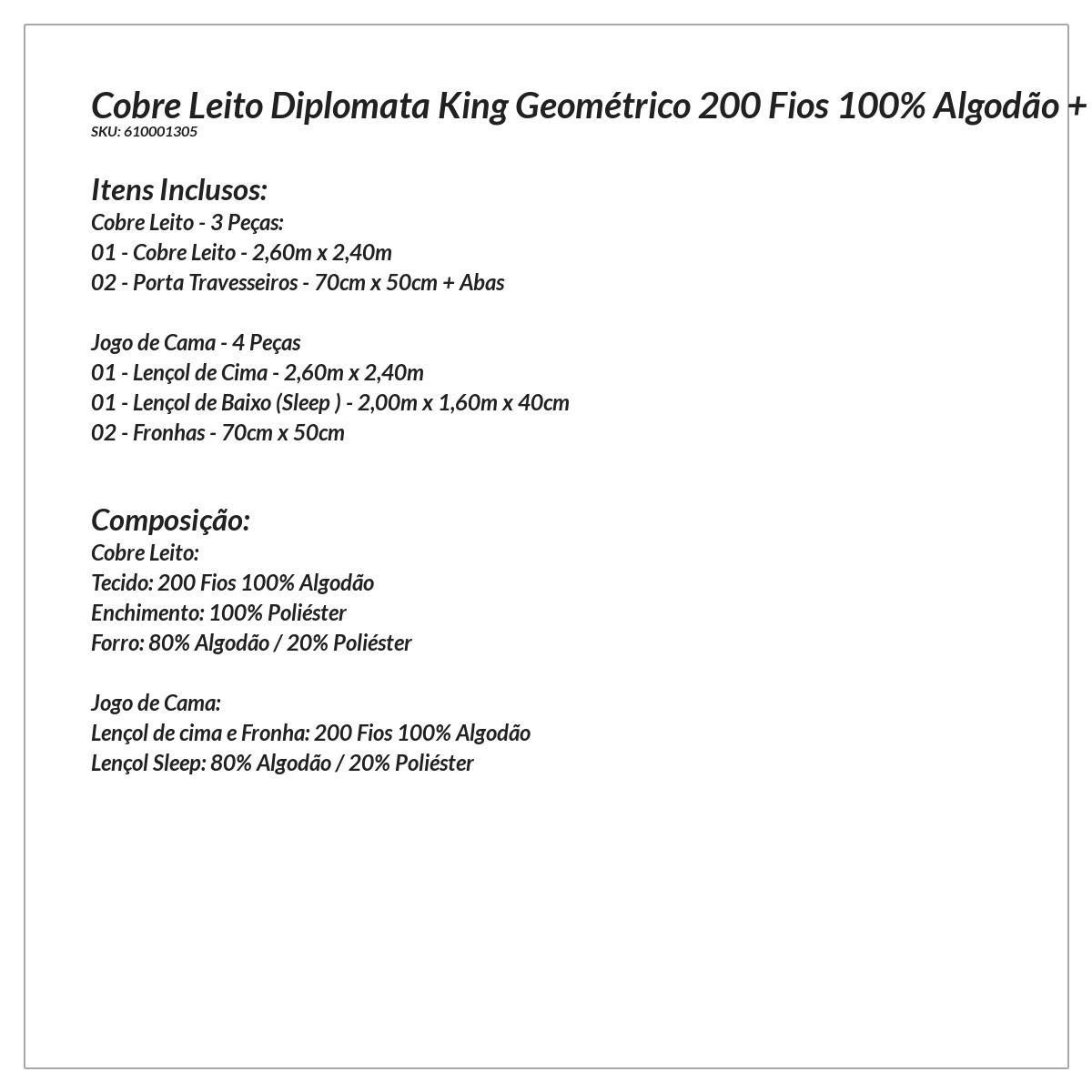 Kit Cobre Leito Estampado King Geométrico 200 Fios 100% Algodão + Jogo de Cama - 7 Peças