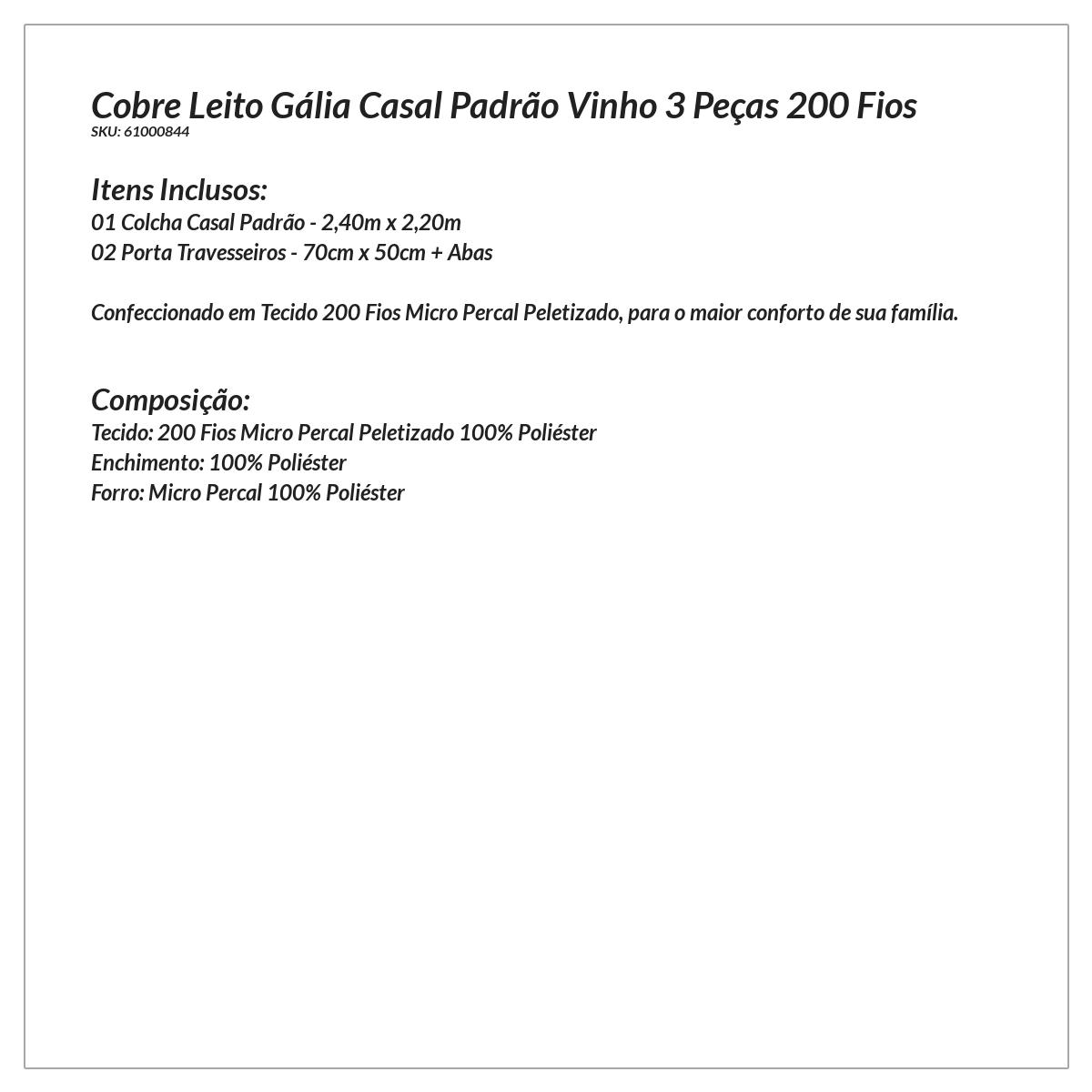 Kit Cobre Leito Estampado Vinho Micro Percal 200 Fios 3 Peças Casal Padrão