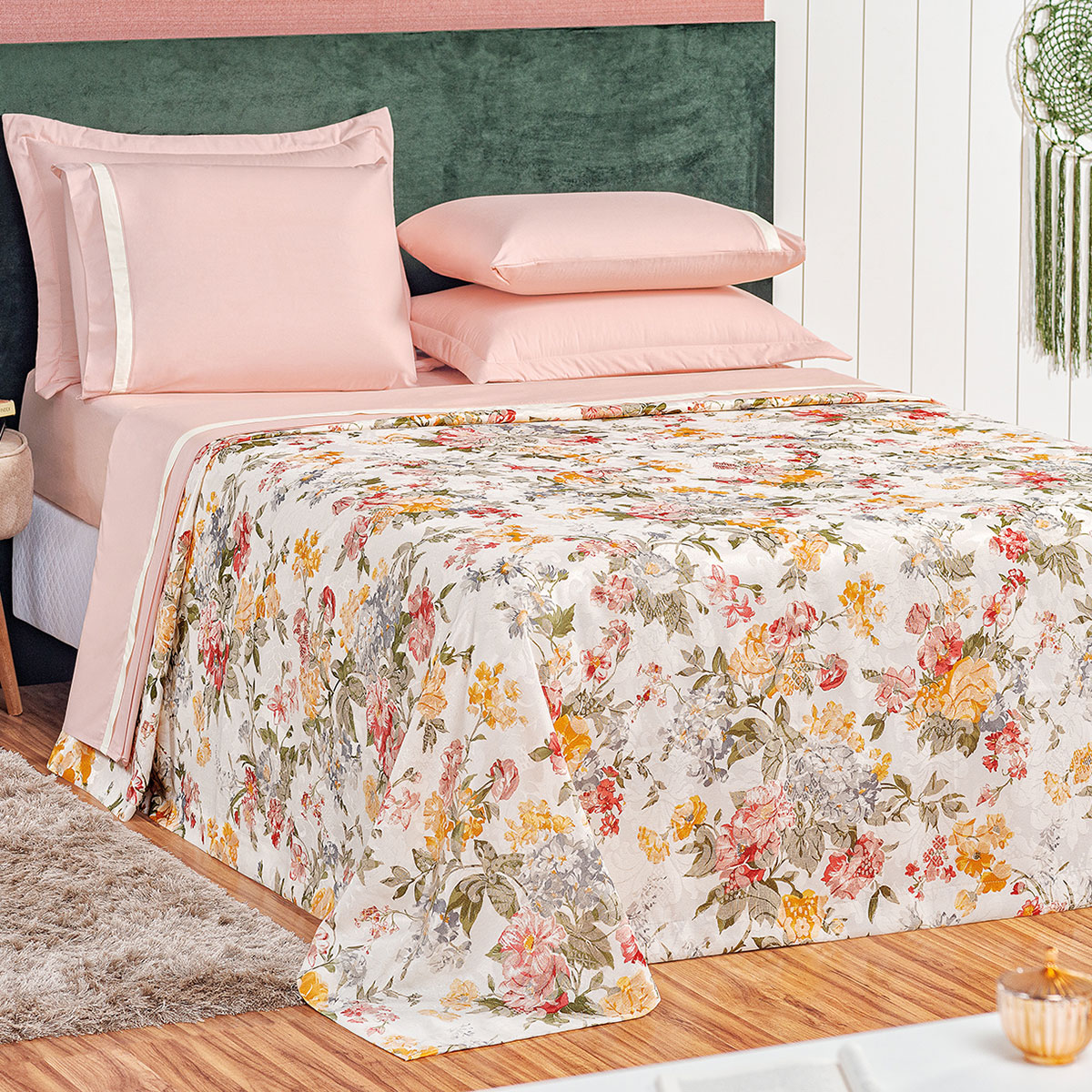 Kit Cobre Leito Floral King Estampado 3 Peças com 2 Porta Travesseiros